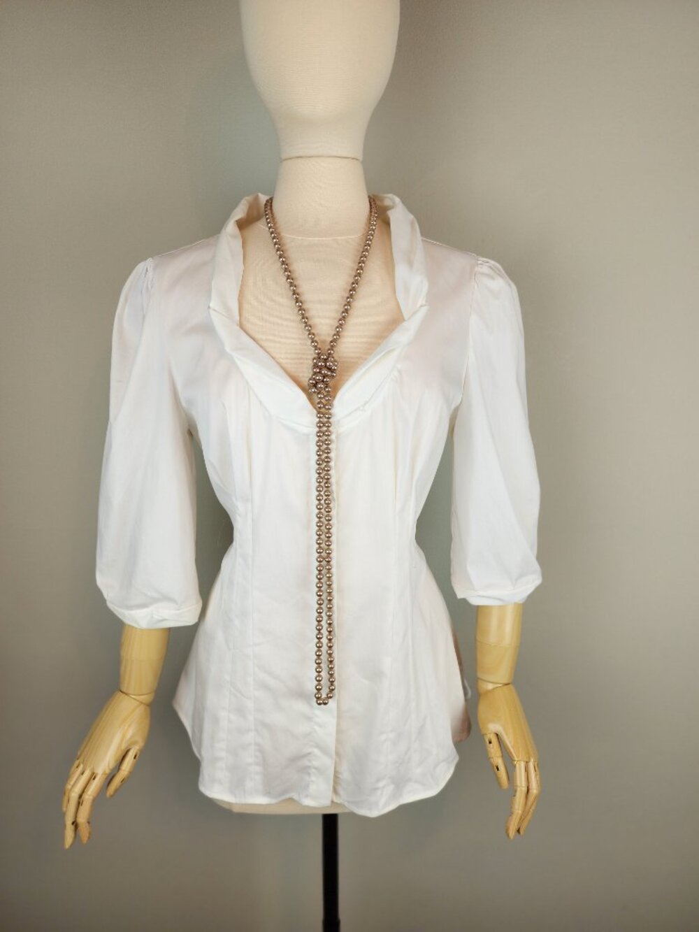 White House Black Market Ruched Portrait Collar Blouse Puff 3/4 Sleeve White 14